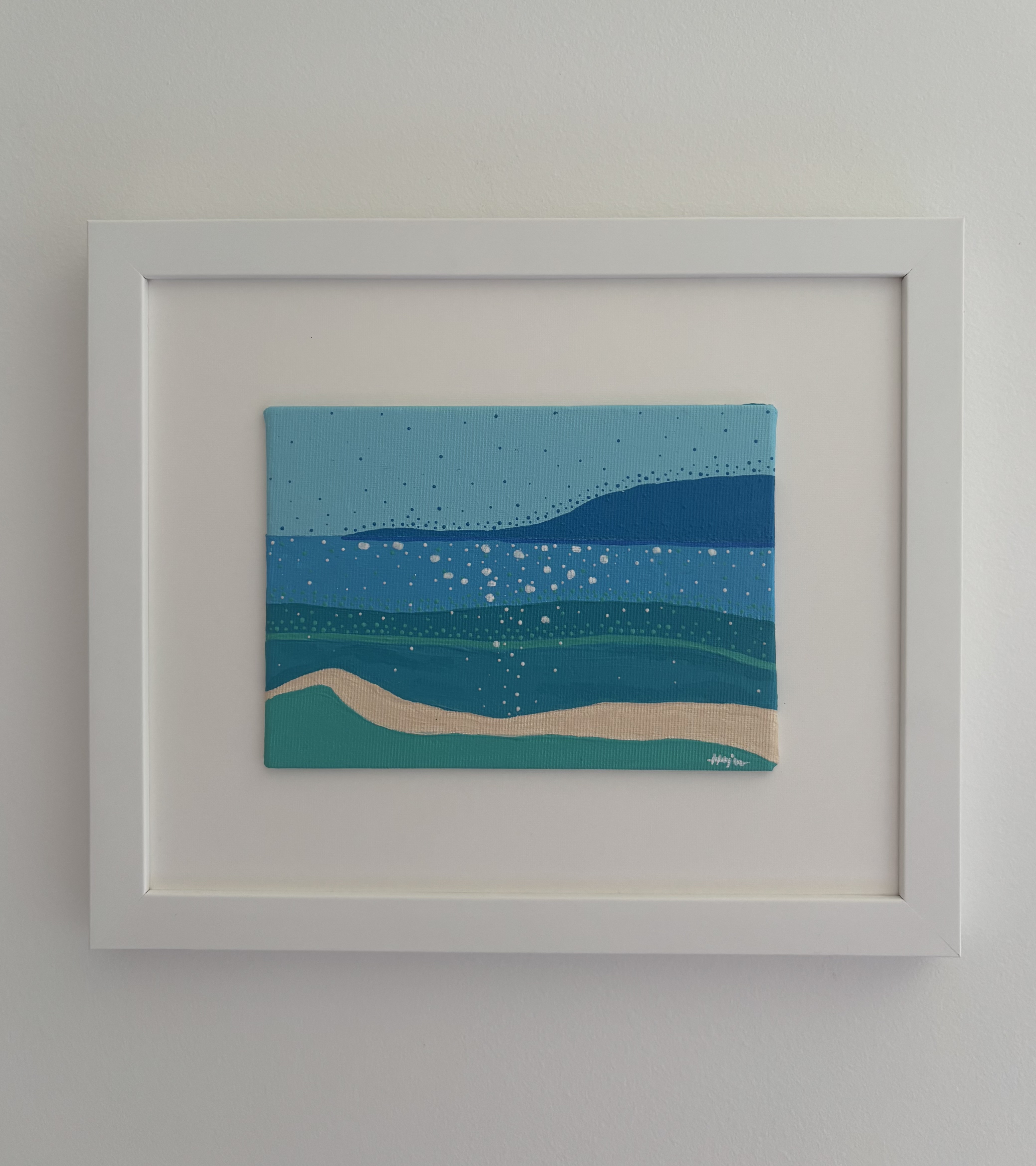 Coastal Quiet - minimalist shoreline with layered bands of blue and green receding into the distance